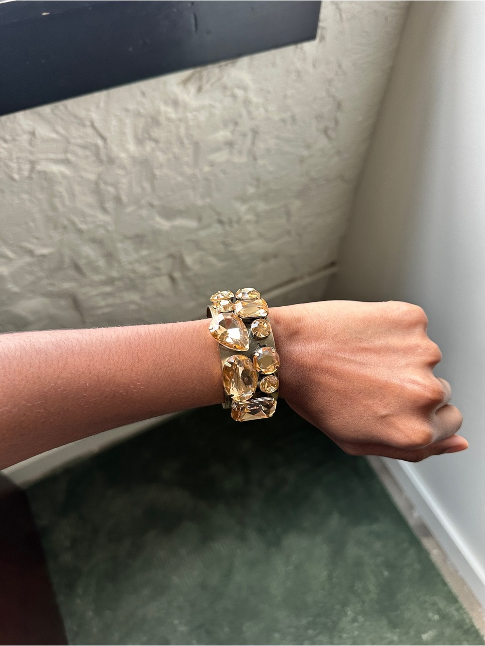 Gold Tone Champagne Rhinestone Wide Cuff Bracelet Statement Costume Jewelry